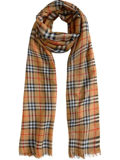 Shop Burberry Vintage Check Lightweight Wool Silk Scarf In Brown