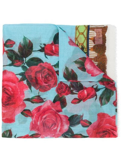 Shop Dolce & Gabbana Tassel Print Floral Scarf In Blue