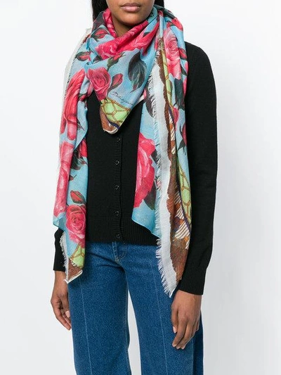 Shop Dolce & Gabbana Tassel Print Floral Scarf In Blue