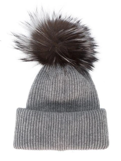 Shop Inverni Grey Ribbed Cashmere Hat With Fur Pom Pom