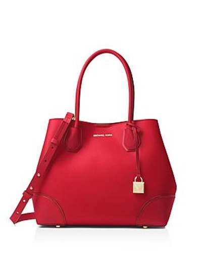 Shop Michael Michael Kors Mercer Gallery Snap Medium Leather Tote In Bright Red/gold