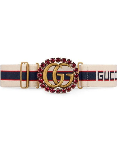 Shop Gucci Double G Stripe Belt In White