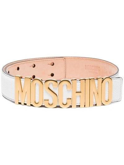 Shop Moschino White Leather Belt With Gold Logo