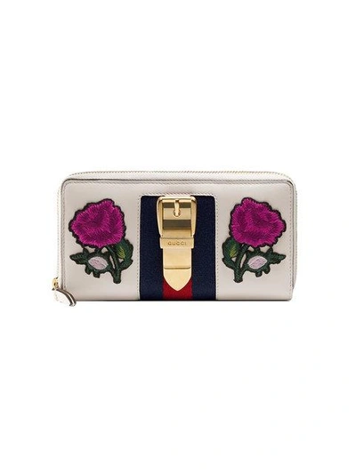 Shop Gucci Multicoloured Sylvie Embroidered Leather Zip Around Wallet In White