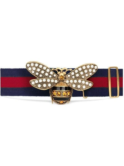 Shop Gucci Web Belt With Bee In Red