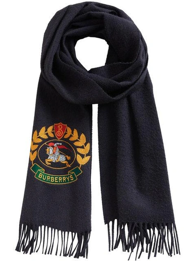 Shop Burberry Navy Classic Logo Cashmere Scarf In Blue