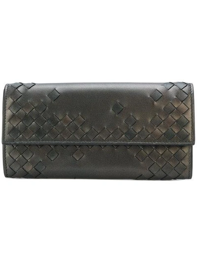 Shop Bottega Veneta Woven Fold-over Wallet In Metallic