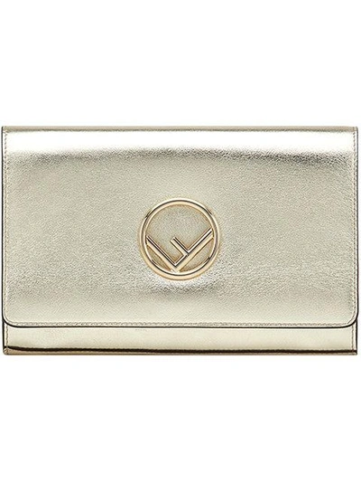 Shop Fendi Gold Logo Leather Wallet Bag - Metallic