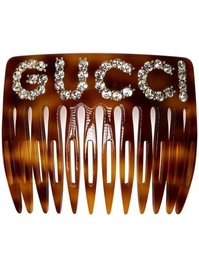 Shop Gucci Brown Crystal Logo Hair Comb