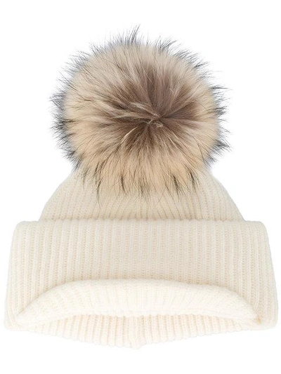 Shop Inverni Neutral Ribbed Cashmere Hat With Visor And Fur Pom Pom