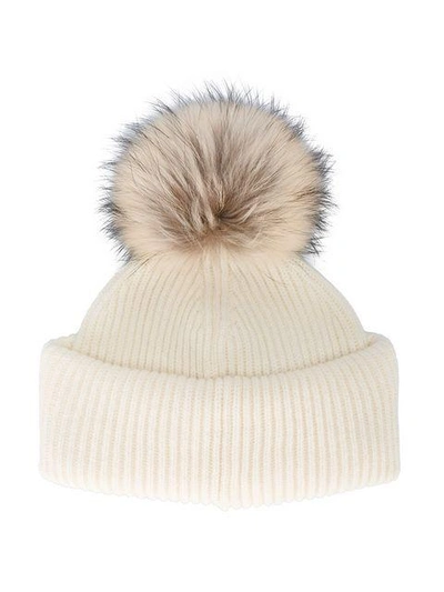 Shop Inverni Neutral Ribbed Cashmere Hat With Visor And Fur Pom Pom