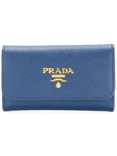 Shop Prada Logo Plaque Key Case In Blue