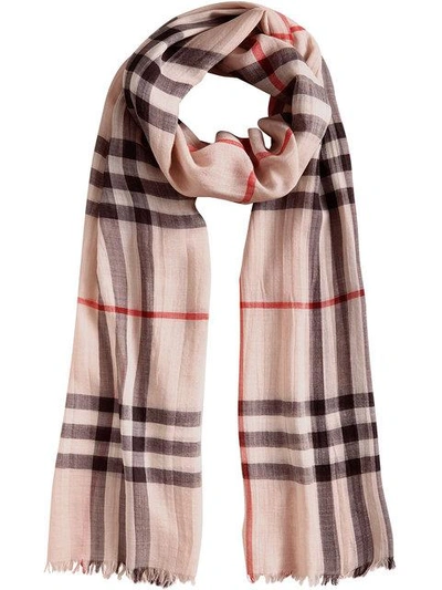 Shop Burberry Lightweight Check Wool And Silk Scarf In Neutrals