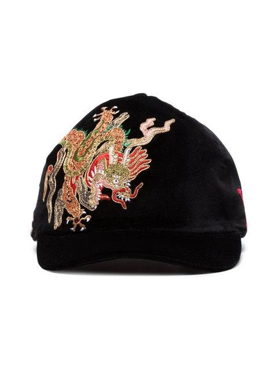 Shop Gucci Black Dragon Embroidered Velvet Cap