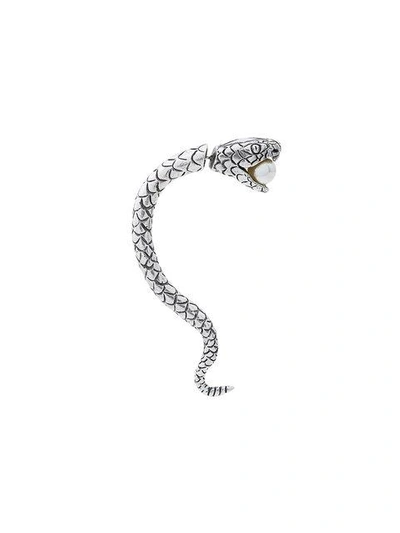 Shop Saint Laurent Metallic Silver Marrakech Perle Serpent Earrings