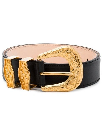 Shop Versace Black Engraved Buckle Leather Belt