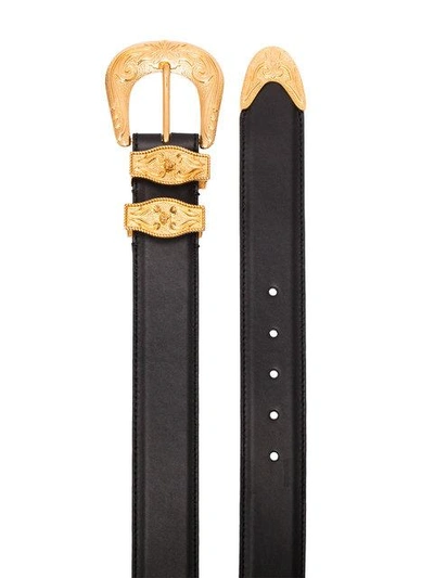 Shop Versace Black Engraved Buckle Leather Belt