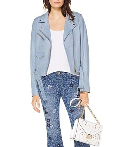 Shop Michael Michael Kors Leather Moto Jacket In Chambray
