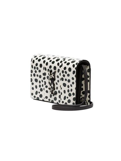 Shop Saint Laurent Black And White Kate Polka Dot Leather Wallet On A Chain