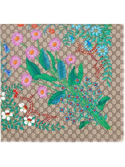 Shop Gucci New Flora Print Gg Silk Scarf - Neutrals