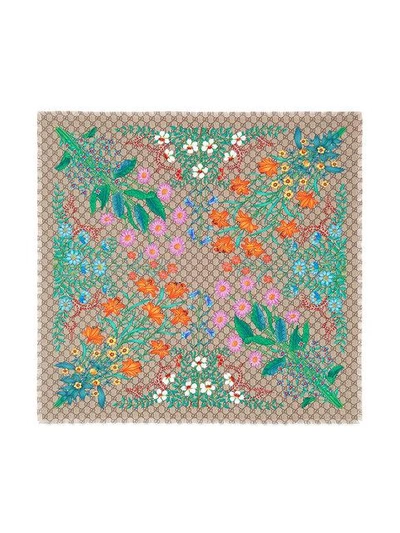 Shop Gucci New Flora Print Gg Silk Scarf - Neutrals