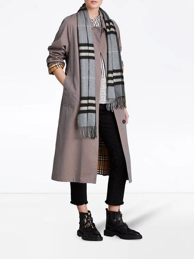 Shop Burberry Cashmere Check Scarf In Dusty Blue