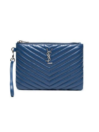 Shop Saint Laurent Blue Small Quilted Leather Pouch