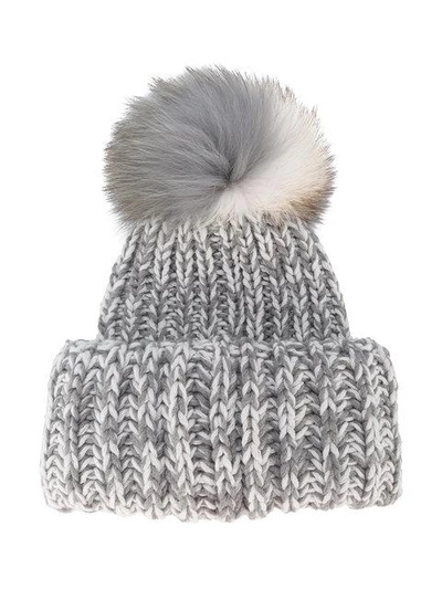 Shop Inverni Bi-colour Wide Cashmere Hat With Fur Pom Pom - Grey