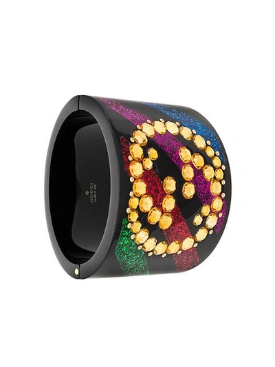 Shop Gucci Crystal Gg Cuff Bracelet In Black