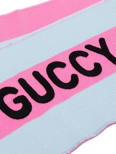 Shop Gucci Pink Stripe Guccy Embroidered Wool Silk-blend Scarf - Blue