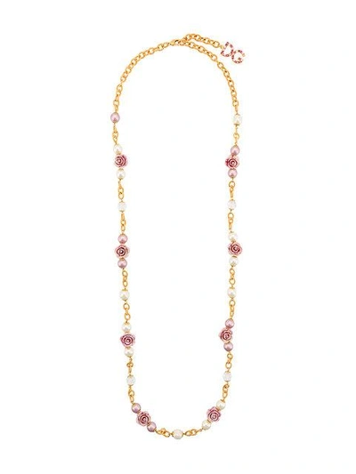 Shop Dolce & Gabbana Rose And Faux Pearl Long Necklace - Metallic