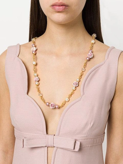 Shop Dolce & Gabbana Rose And Faux Pearl Long Necklace - Metallic