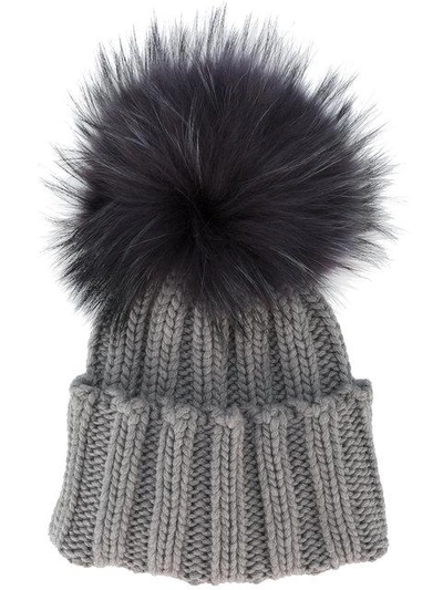 Shop Inverni Grey Wide Ribbed Cashmere Hat With Fur Pom Pom