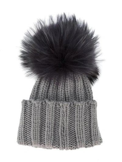 Shop Inverni Grey Wide Ribbed Cashmere Hat With Fur Pom Pom