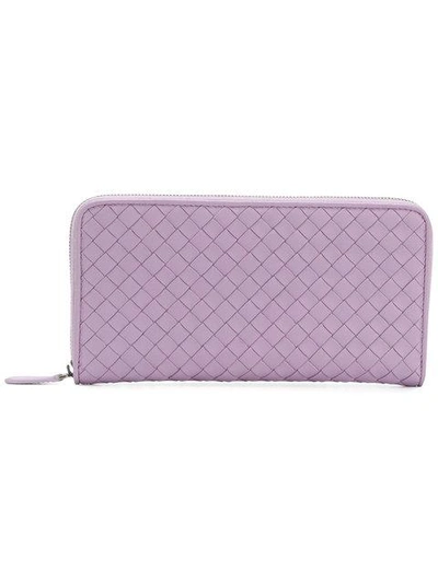 Shop Bottega Veneta Woven Zipped Wallet - Pink & Purple