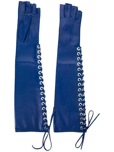 Shop Manokhi Lace-up Fingerless Long Gloves In Blue