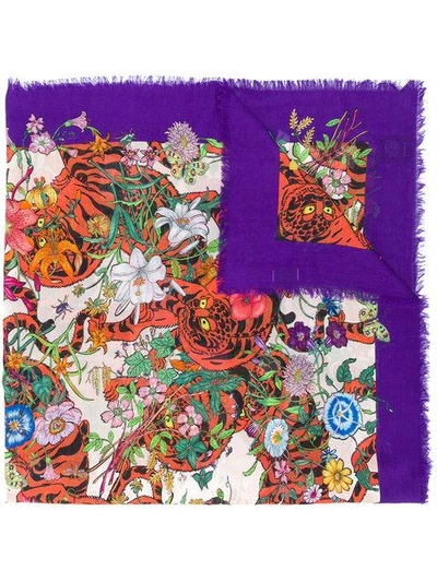 Shop Gucci Flora Tiger Printed Scarf In Multicolour