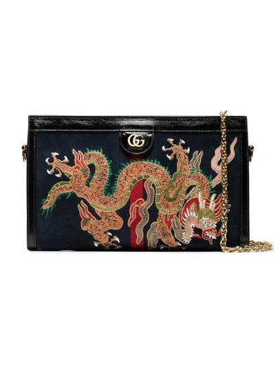 Shop Gucci Black Dragon Embroidered Suede Shoulder Bag