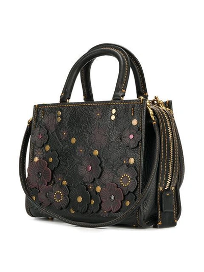 Coach Rogue 25 In Glovetanned Pebble Leather With Tea Roses In : Black  Copper/black Pink