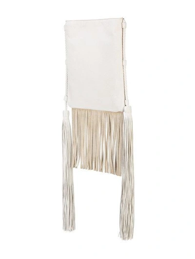 Shop Saint Laurent Studded Fringed Shoulder Bag In White