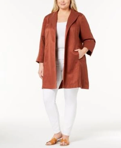 Shop Eileen Fisher Plus Size Silk-linen Open-front Coat In Russet