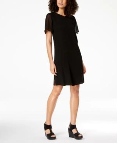 Shop Eileen Fisher Silk Chiffon-sleeve Shift Dress In Black