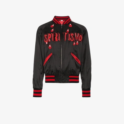 Gucci Black Satin Contrast Trim Spiritismo Applique Detail Bomber