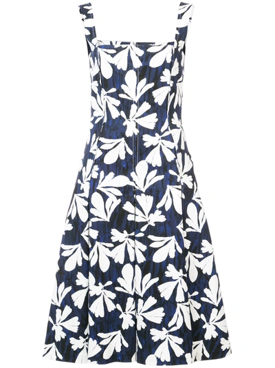 Shop Oscar De La Renta Leaf-print Flared Midi Dress - Blue