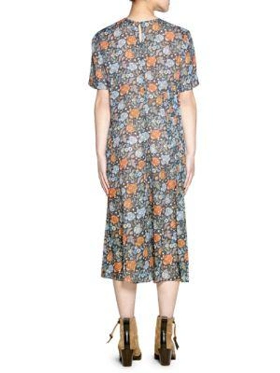 Shop Acne Studios Short Sleeve Floral Print Midi Dress In Orange-navy