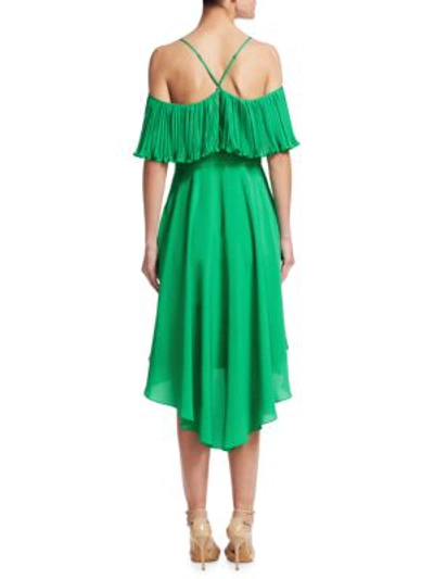 Shop Halston Heritage Pleated Cold-shoulder Fit-&-flare Dress In Jade