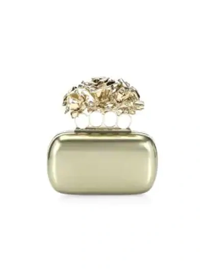 Shop Alexander Mcqueen Four-ring Rose Leather Clutch In Gold