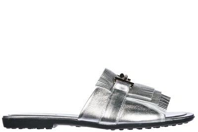 Shop Tod's Women's Genuine Leather Slippers Sandals Double T In Silver