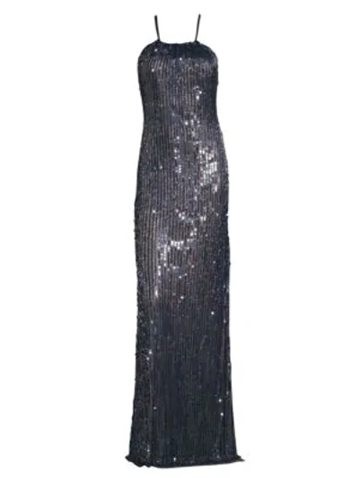 Shop Basix Black Label Fitted Sequin Gown In Navy