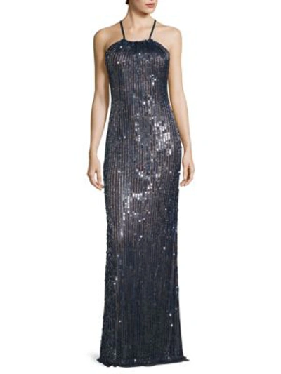 Shop Basix Black Label Fitted Sequin Gown In Navy